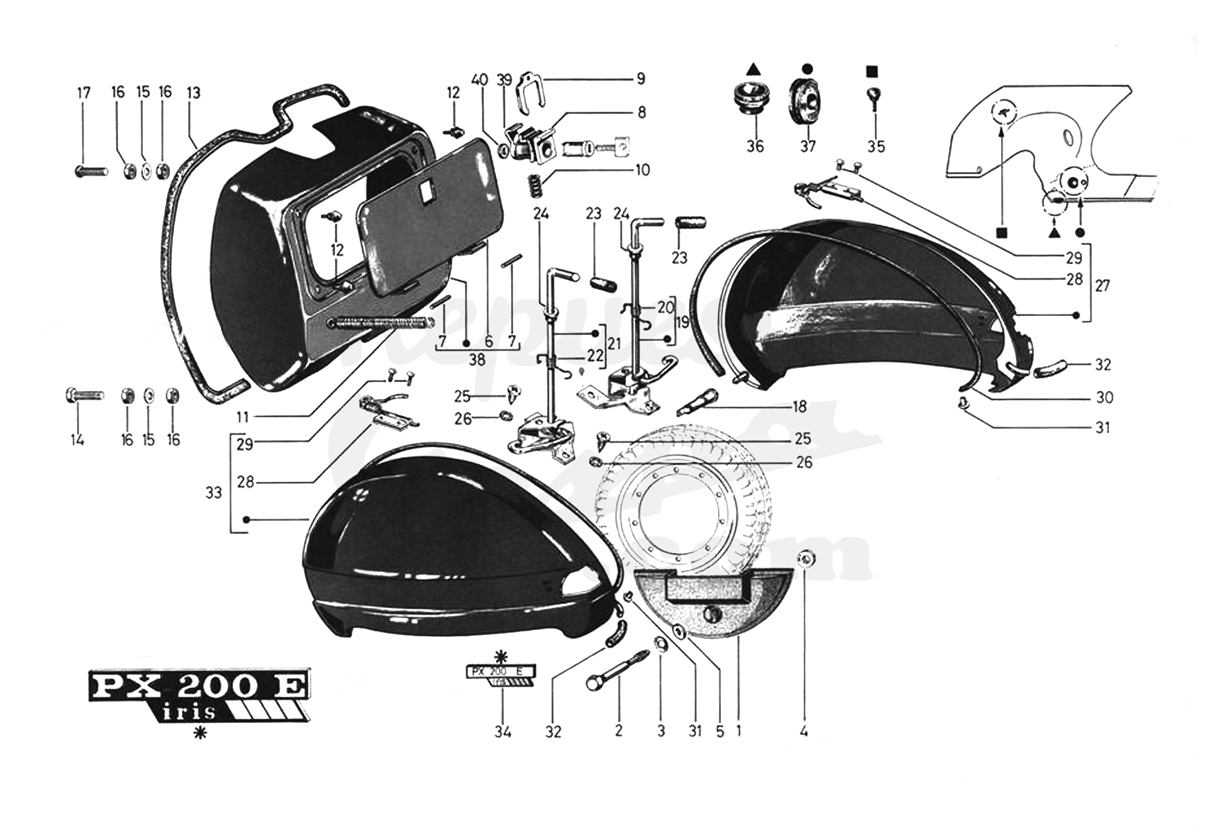 DESPIECE VESPA PX200E IRIS 1985 CHASIS 73C MOTOR 73M - LÁMINA 8 - COFANOS - CIERRE COFANOS - GUANTERA Despiece Motor Iris 73M Lámina 5