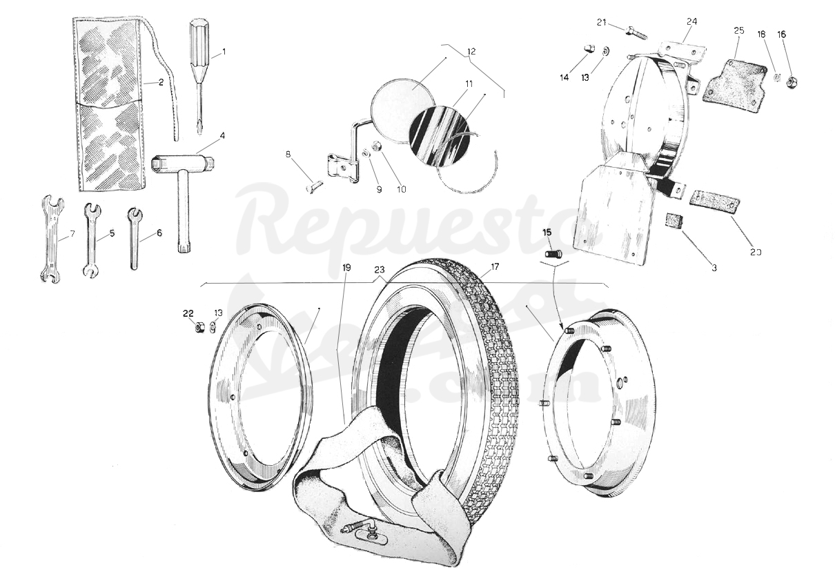 DESPIECE VESPA PRIMAVERA 125 NV 1978 CHASIS 9NV MOTOR NV9 LÁMINA 12 SOPORTE Y RUEDA - BOLSA HERRAMIENTAS - RETROVISOR