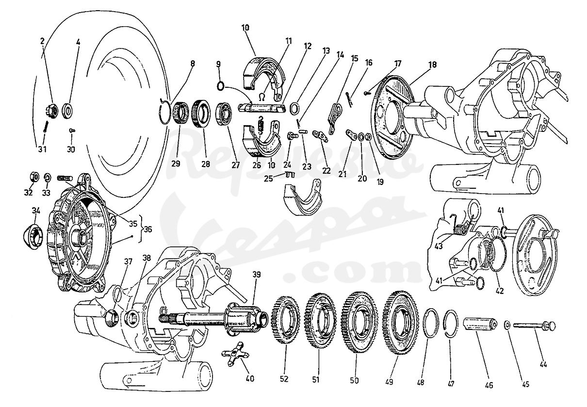 DESPIECE VESPA 150S 1964 CHASIS V13502C MOTOR V502M LÁMINA 3 FRENO TRASERO - SECUNDARIO CAMBIO