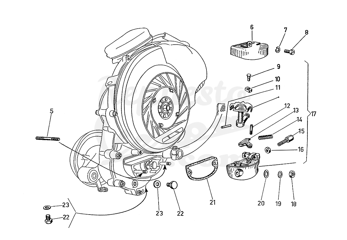 DESPIECE VESPA 150 SPRINT 1966 CHASIS 04C MOTOR 04M LÁMINA 7 - SELECTOR - TORNILLOS ACEITE CARTER Despiece Motor Iris 73M Lámina 1