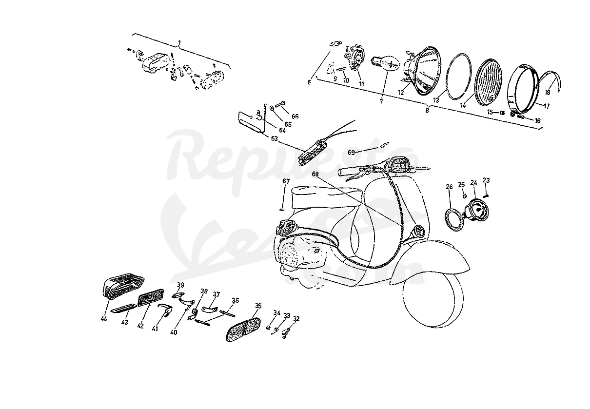 DESPIECE VESPA 150F 1962 CHASIS VT MOTOR V203M LÁMINA 15 GRUPO ELÉCTRICO - INSTALACIÓN ELÉCTRICA - LLAVE DE LUCES - FARO - PILOTO - RESISTENCIAS - CLAXON
