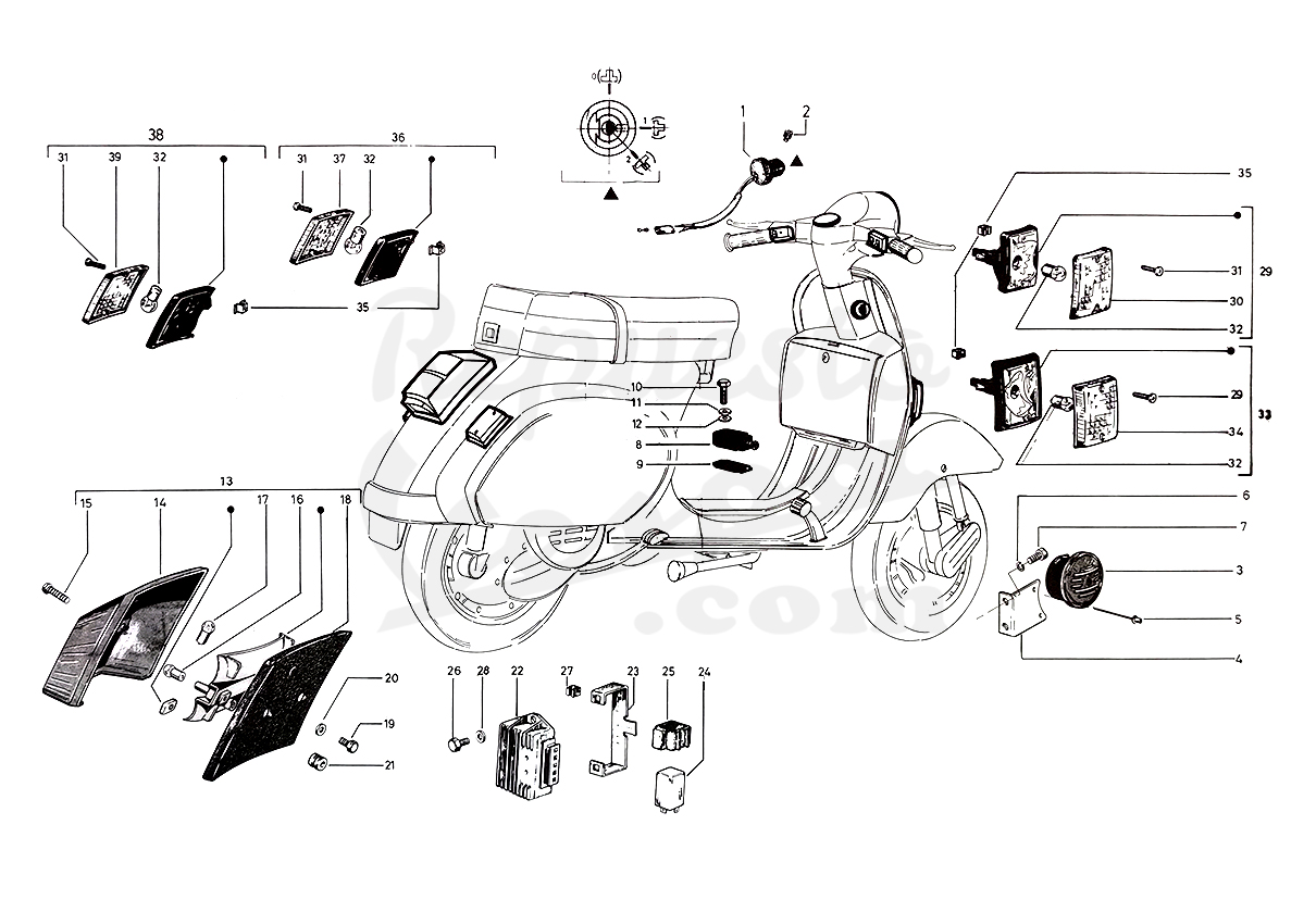 DESPIECE VESPA PK125XL ELESTART 1986 CHASIS 100C MOTOR 100M - LÁMINA 16 - GRUPO ELÉCTRICO - PILOTO - INTERMITENTES - REGULADOR - CLAXON DESPIECE VESPA PK125XL ELESTART 1986 CHASIS 100C MOTOR 100M - LÁMINA 16 - GRUPO ELÉCTRICO - PILOTO - INTERMITENTES - REGULADOR - CLAXON