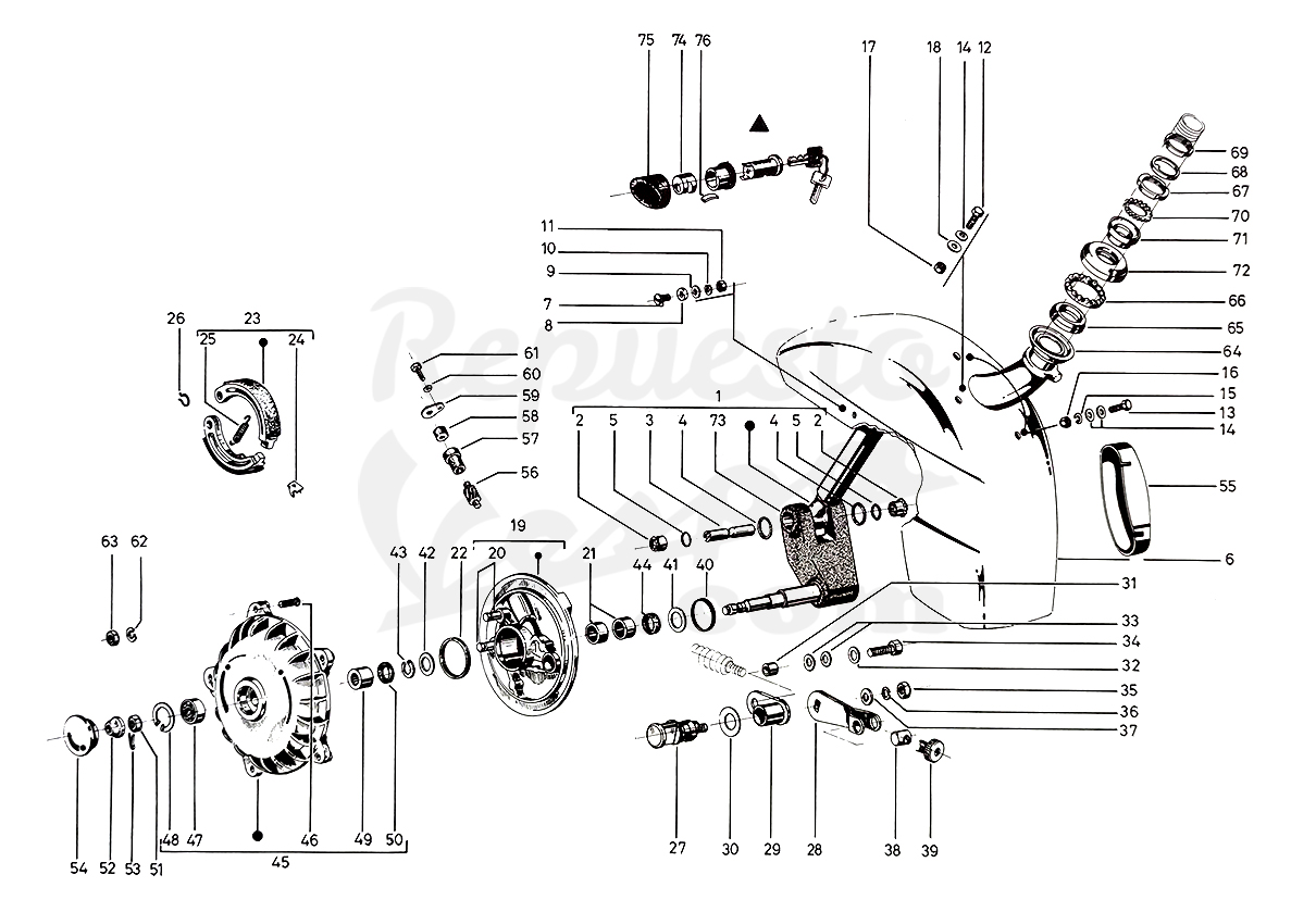 DESPIECE VESPA PK75XL 1986 CHASIS 96C MOTOR 96M - LÁMINA 12 - GUARDABARROS – DIRECCIÓN – EJE DELANTERO DESPIECE VESPA PK75XL 1986 CHASIS 96C MOTOR 96M - LÁMINA 12 - GUARDABARROS – DIRECCIÓN – EJE DELANTERO