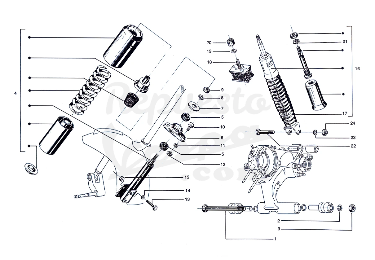DESPIECE VESPA PX125 T5 ELESTART 1987 CHASIS 108C MOTOR 108M LÁMINA 11 - AMORTIGUADOR DELANTERO Y TRASERO DESPIECE VESPA PX125 T5 ELESTART 1987 CHASIS 108C MOTOR 108M LÁMINA 11 - AMORTIGUADOR DELANTERO Y TRASERO