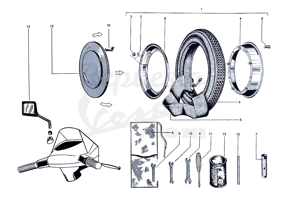 DESPIECE VESPA PX125 T5 ELESTART 1987 CHASIS 108C MOTOR 108M LÁMINA 13 - RUEDAS - BOLSA HERRAMIENTAS - ESPEJO RETROVISOR DESPIECE VESPA PX125 T5 ELESTART 1987 CHASIS 108C MOTOR 108M LÁMINA 13 - RUEDAS - BOLSA HERRAMIENTAS - ESPEJO RETROVISOR