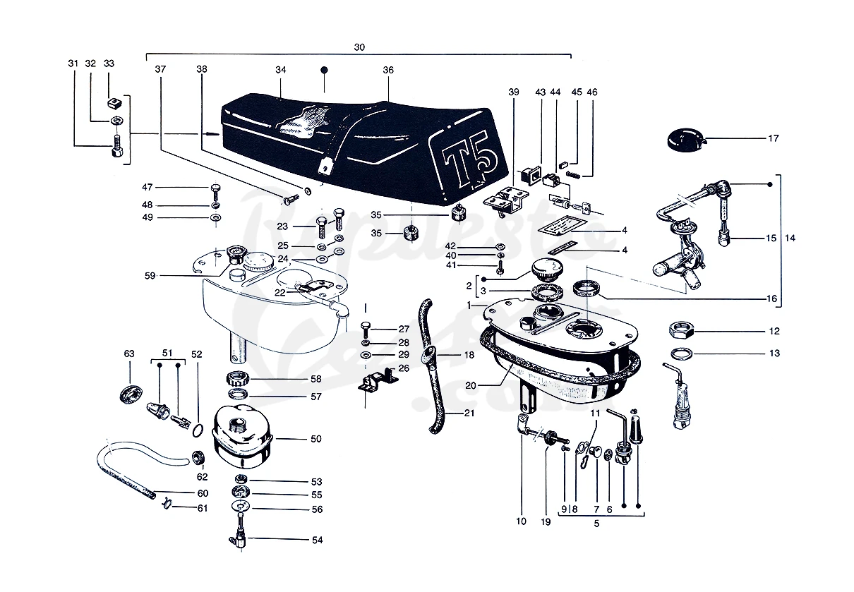 DESPIECE VESPA PX125 T5 ELESTART 1987 CHASIS 108C MOTOR 108M LÁMINA 9 - DEPÓSITO - ASIENTO DESPIECE VESPA PX125 T5 ELESTART 1987 CHASIS 108C MOTOR 108M LÁMINA 9 - DEPÓSITO - ASIENTO