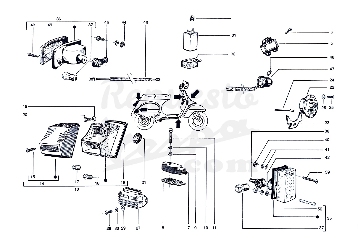 DESPIECE VESPA PX125 T5 SPORT 1987 CHASIS 98C MOTOR 98M LÁMINA 15 - GRUPO ELÉCTRICO - INTERRUPTOR FRENO Y CONTACTO - INTERMITENTES - REGULADOR - CLAXON - PILOTO DESPIECE VESPA PX125 T5 SPORT 1987 CHASIS 98C MOTOR 98M LÁMINA 15 - GRUPO ELÉCTRICO - INTERRUPTOR FRENO Y CONTACTO - INTERMITENTES - REGULADOR - CLAXON - PILOTO