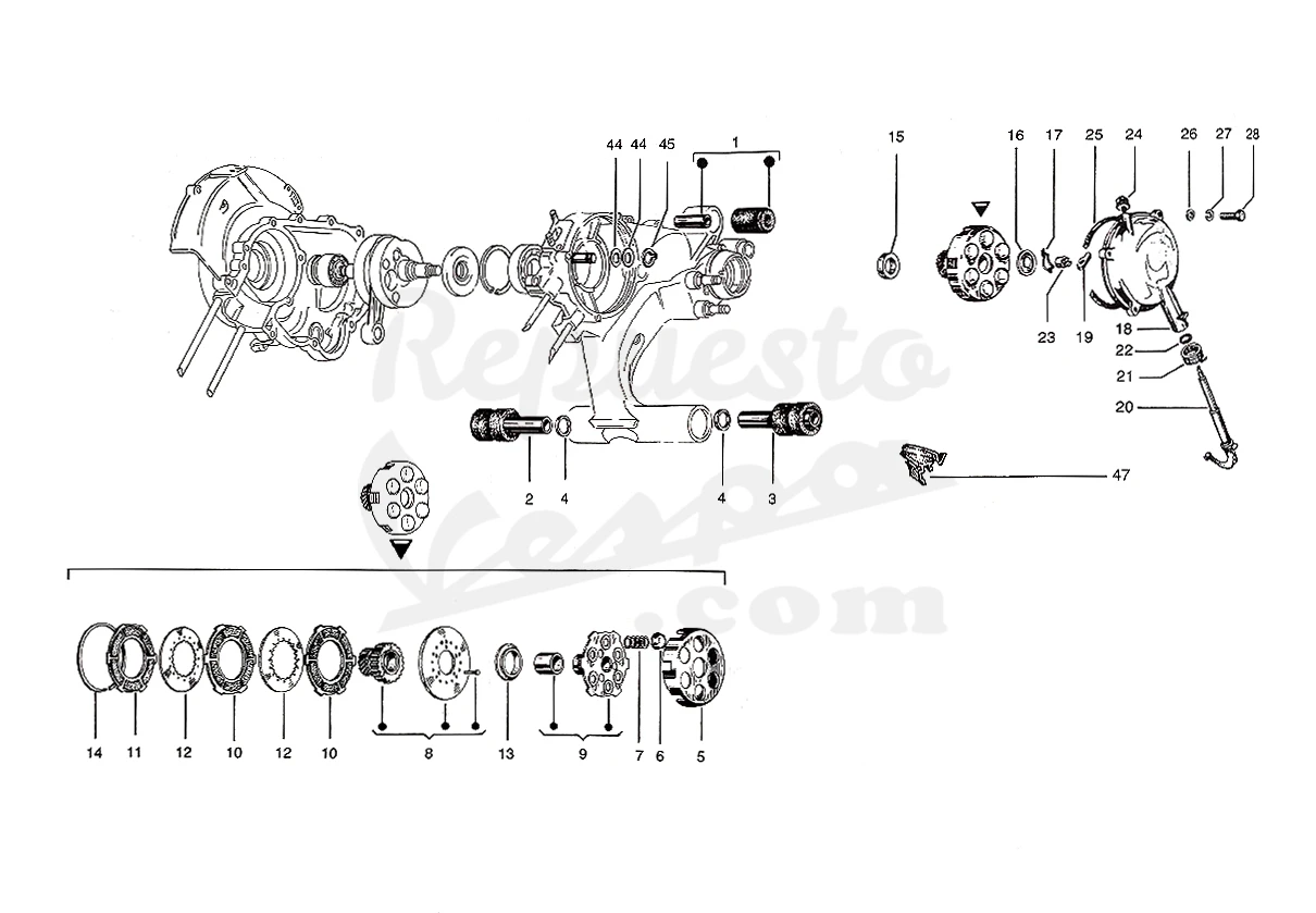 DESPIECE VESPA PX125 T5 SPORT 1987 CHASIS 98C MOTOR 98M LÁMINA 2 - EMBRAGUE - SILENTBLOCKS MOTOR DESPIECE VESPA PX125 T5 SPORT 1987 CHASIS 98C MOTOR 98M LÁMINA 2 - EMBRAGUE - SILENTBLOCKS MOTOR