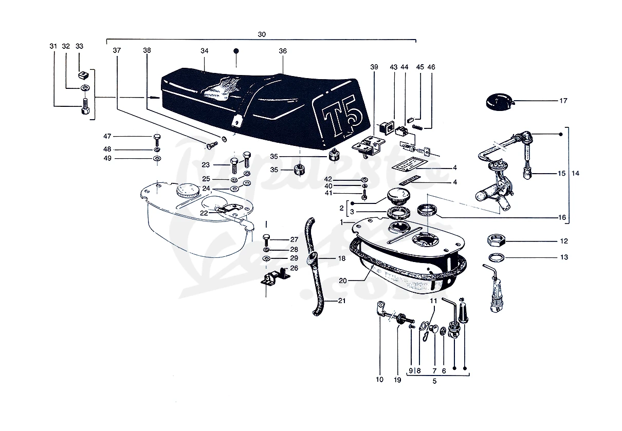 DESPIECE VESPA PX125 T5 SPORT 1987 CHASIS 98C MOTOR 98M LÁMINA 9 - DEPÓSITO - ASIENTO DESPIECE VESPA PX125 T5 SPORT 1987 CHASIS 98C MOTOR 98M LÁMINA 9 - DEPÓSITO - ASIENTO