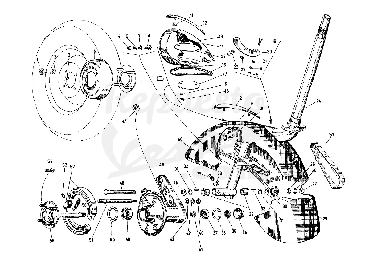 DESPIECE VESPA 125N 1953 CHASIS VT MOTOR V33M LÁMINA 11 - FARO - HORQUILLA - BUJE DELANTERO - FRENO DELANTERO - GUARDABARROS DESPIECE VESPA 125N 1953 CHASIS VT MOTOR V33M LÁMINA 11 - FARO - HORQUILLA - BUJE DELANTERO - FRENO DELANTERO - GUARDABARROS