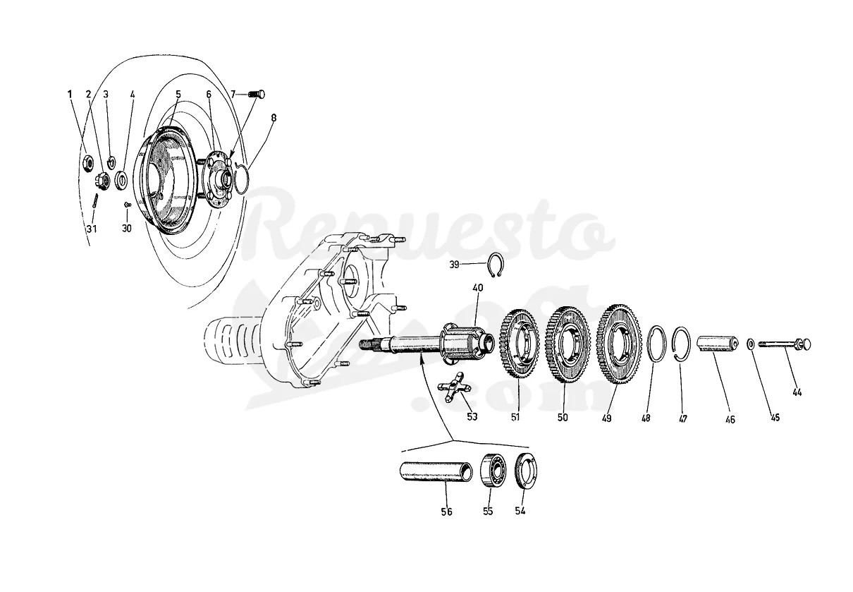 DESPIECE VESPA 125N 1953 CHASIS VT MOTOR V33M LÁMINA 3 - EJE SECUNDARIO - TAMBOR TRASERO DESPIECE VESPA 125N 1953 CHASIS VT MOTOR V33M LÁMINA 3 - EJE SECUNDARIO - TAMBOR TRASERO