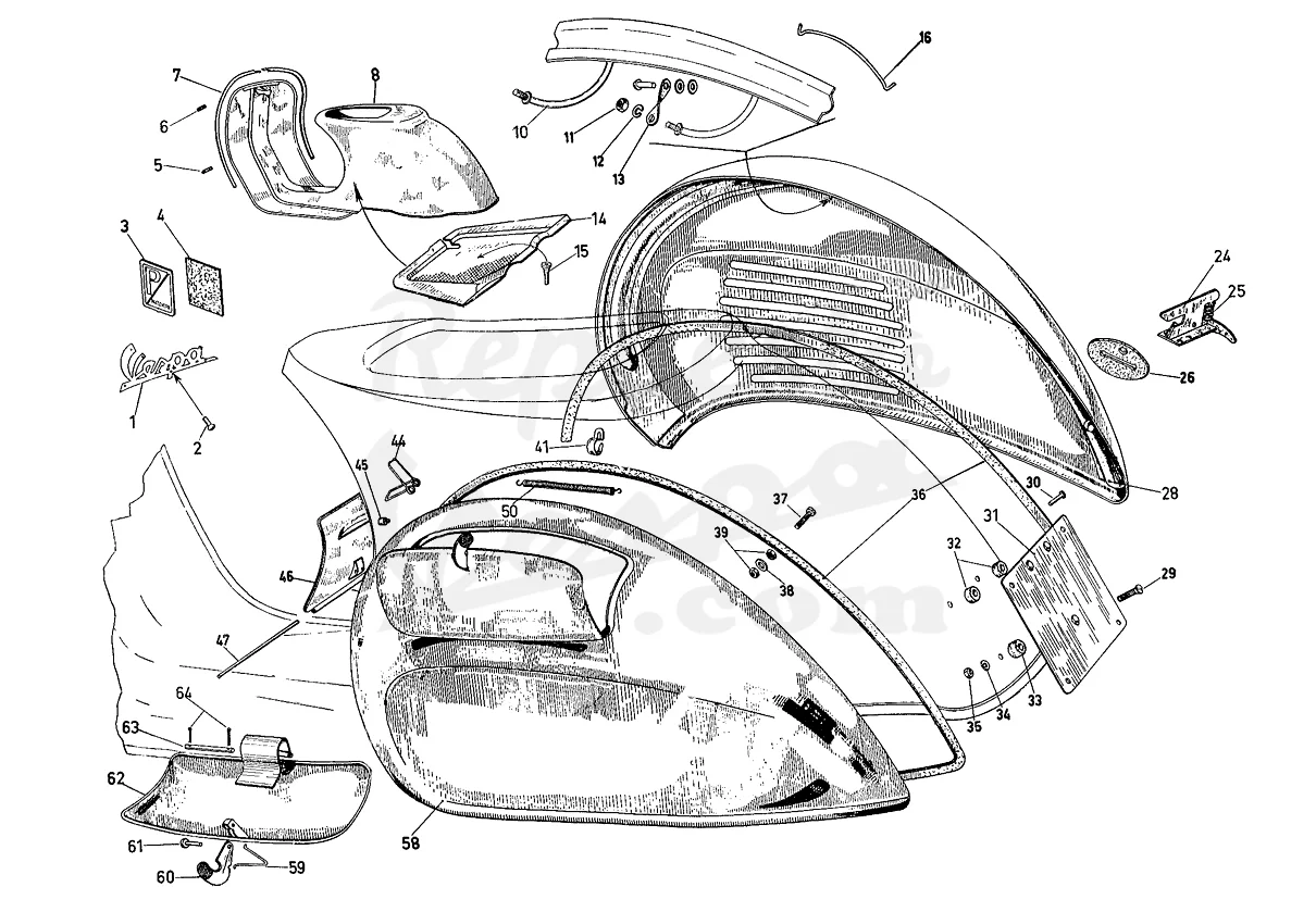 DESPIECE VESPA 125N 1953 CHASIS VT MOTOR V33M LÁMINA 9 - ESCUDO - COFANOS - TAPA CARBURADOR DESPIECE VESPA 125N 1953 CHASIS VT MOTOR V33M LÁMINA 9 - ESCUDO - COFANOS - TAPA CARBURADOR