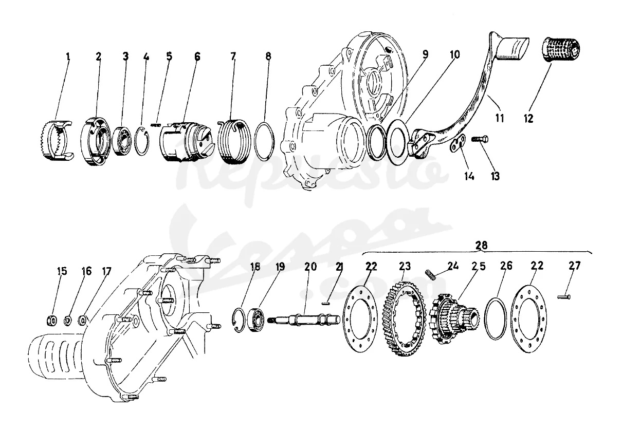 DESPIECE VESPA 125N 1953 CHASIS VT MOTOR V34M LÁMINA 4 - ARRANQUE - EJE PRIMARIO DESPIECE VESPA 125N 1953 CHASIS VT MOTOR V34M LÁMINA 4 - ARRANQUE - EJE PRIMARIO