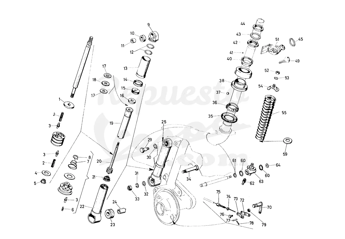 DESPIECE VESPA 125N 1953 CHASIS VT MOTOR V35M LÁMINA 13 - SUSPENSIÓN DELANTERA - DIRECCIÓN - LEVA FRENO DELANTERO DESPIECE VESPA 125N 1953 CHASIS VT MOTOR V35M LÁMINA 13 - SUSPENSIÓN DELANTERA - DIRECCIÓN - LEVA FRENO DELANTERO