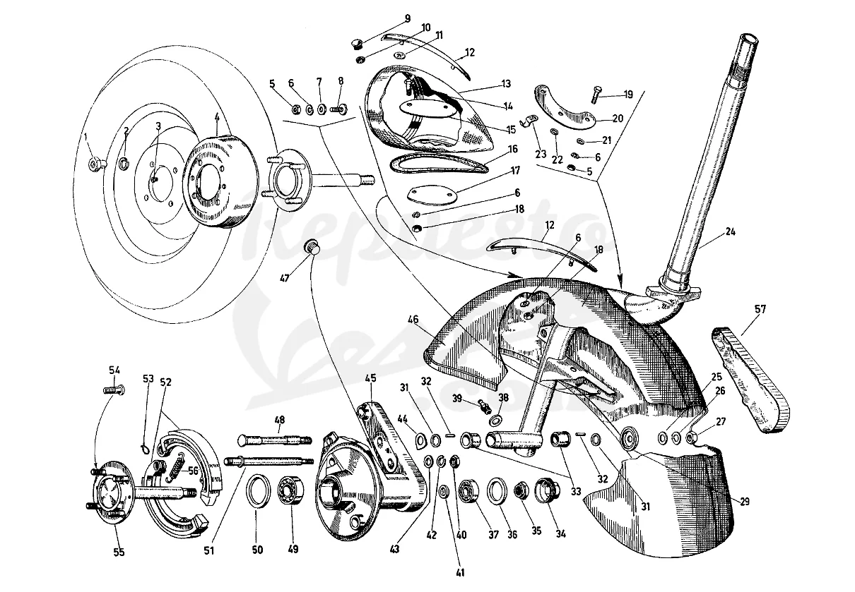 DESPIECE VESPA 125N 1955 CHASIS VT MOTOR V55M LÁMINA 11 - FARO - HORQUILLA - BUJE DELANTERO - FRENO DELANTERO - GUARDABARROS DESPIECE VESPA 125N 1955 CHASIS VT MOTOR V55M LÁMINA 11 - FARO - HORQUILLA - BUJE DELANTERO - FRENO DELANTERO - GUARDABARROS