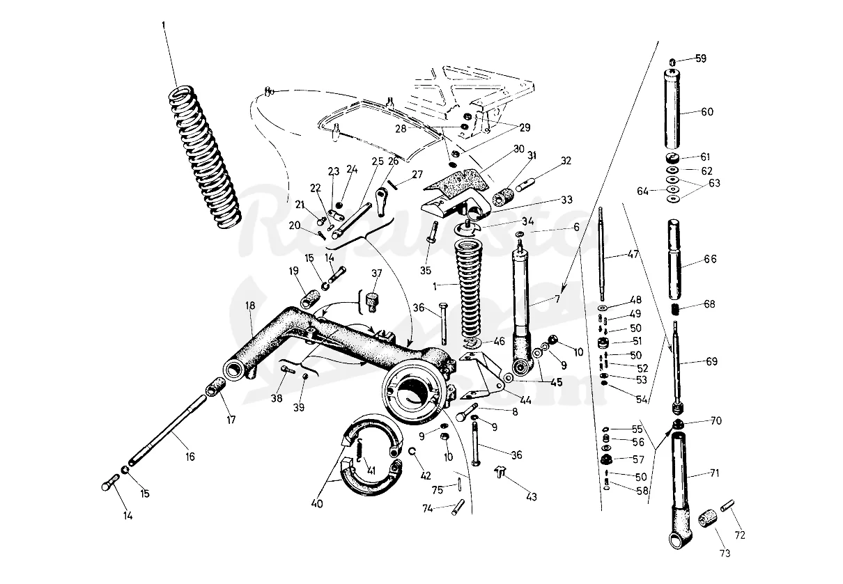 DESPIECE VESPA 125N 1955 CHASIS VT MOTOR V55M LÁMINA 14 - SUSPENSIÓN SUSPENSION TRASERA - BASCULANTE MOTOR - FRENO TRASERO DESPIECE VESPA 125N 1955 CHASIS VT MOTOR V55M LÁMINA 14 - SUSPENSIÓN SUSPENSION TRASERA - BASCULANTE MOTOR - FRENO TRASERO