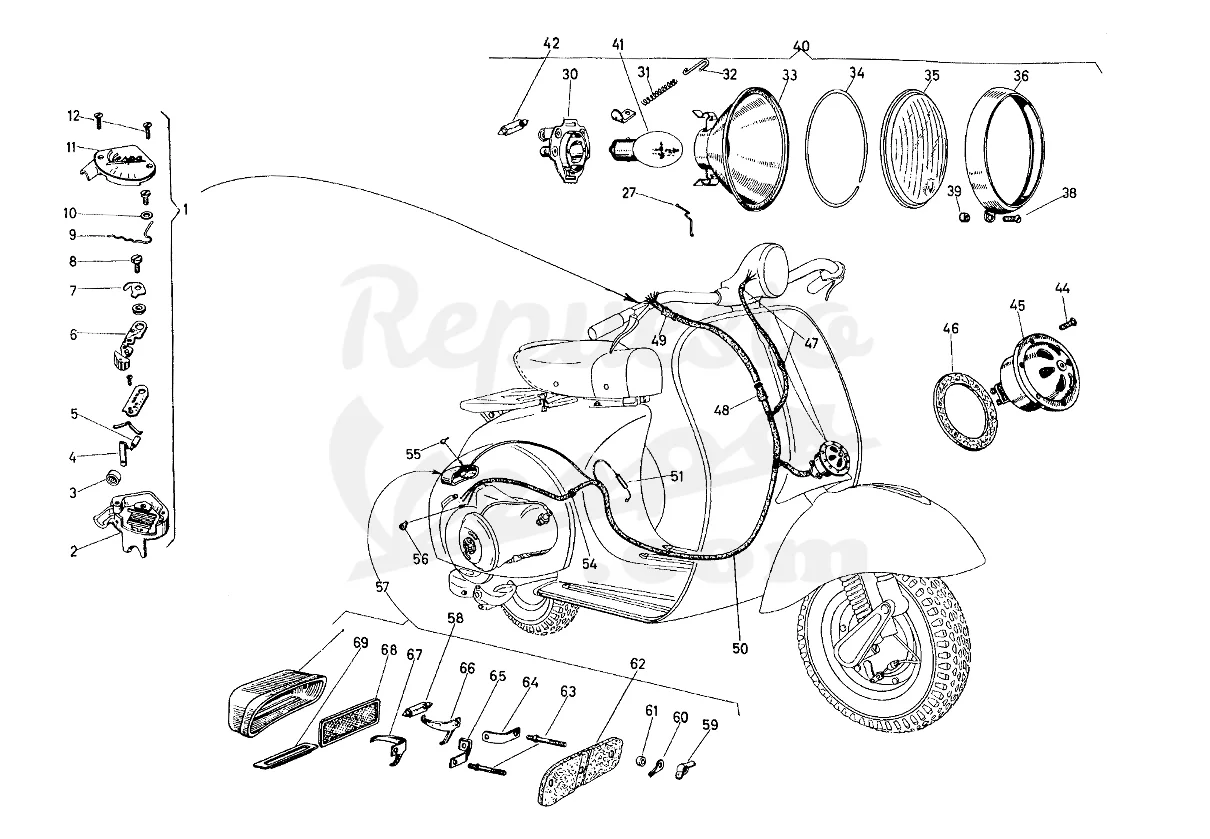 DESPIECE VESPA 125N 1955 CHASIS VT MOTOR V55M LÁMINA 17 - GRUPO ELÉCTRICO: INSTALACIÓN ELÉCTRICA - CLAXON - FARO - PILOTO TRASERO - CONMUTADOR LUCES DESPIECE VESPA 125N 1955 CHASIS VT MOTOR V55M LÁMINA 17 - GRUPO ELÉCTRICO: INSTALACIÓN ELÉCTRICA - CLAXON - FARO - PILOTO TRASERO - CONMUTADOR LUCES