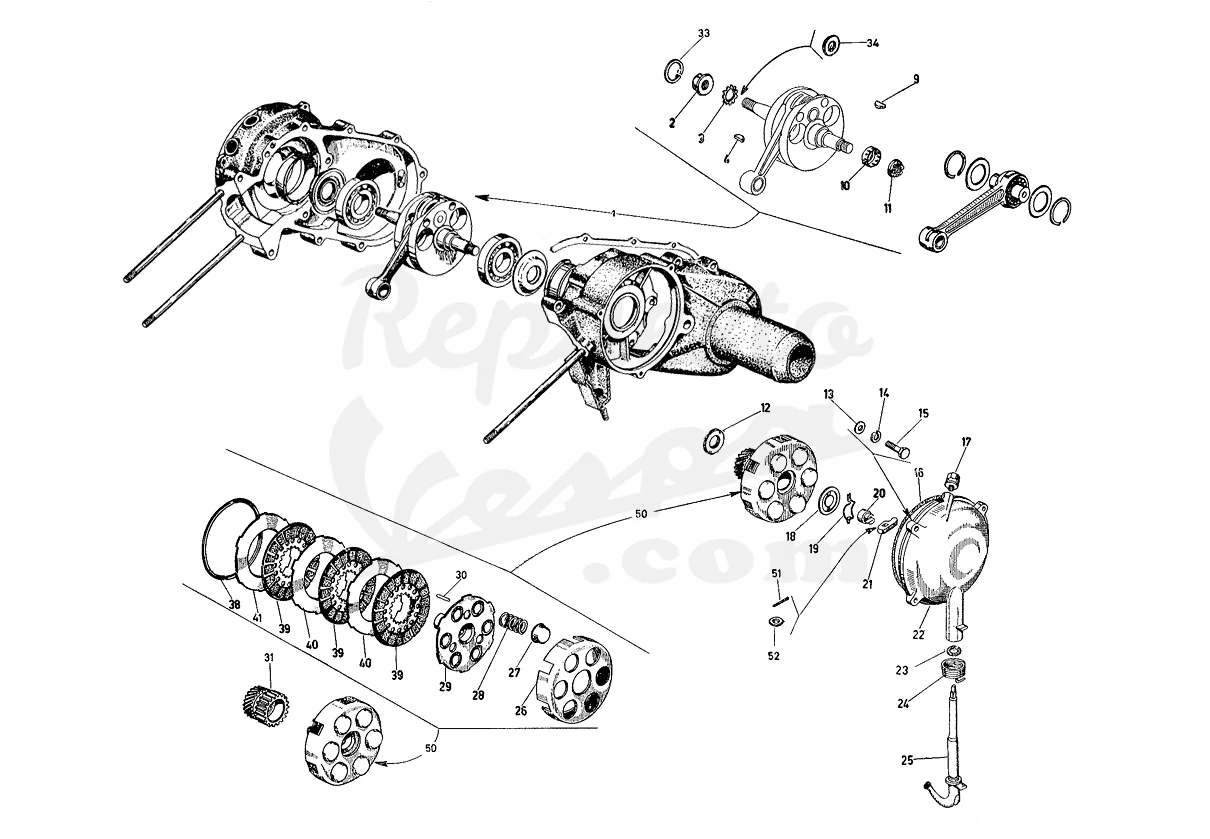 DESPIECE VESPA 125N 1956 CHASIS VT MOTOR V56M LÁMINA 2 - CIGÜEÑAL - EMBRAGUE DESPIECE VESPA 125N 1956 CHASIS VT MOTOR V56M LÁMINA 2 - CIGÜEÑAL - EMBRAGUE