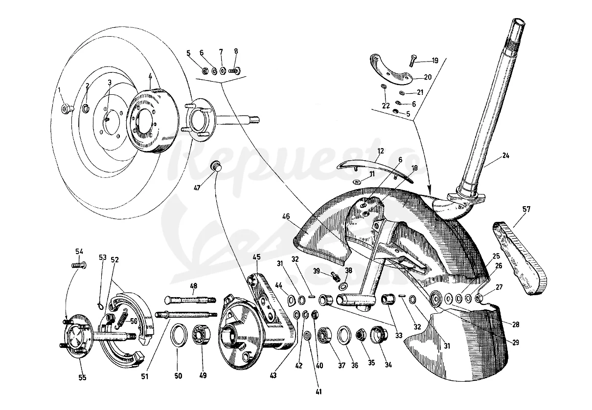 DESPIECE VESPA 125N 1958 CHASIS VT MOTOR V58M LÁMINA 11 - HORQUILLA - BUJE DELANTERO - FRENO DELANTERO - GUARDABARROS DESPIECE VESPA 125N 1958 CHASIS VT MOTOR V58M LÁMINA 11 - HORQUILLA - BUJE DELANTERO - FRENO DELANTERO - GUARDABARROS