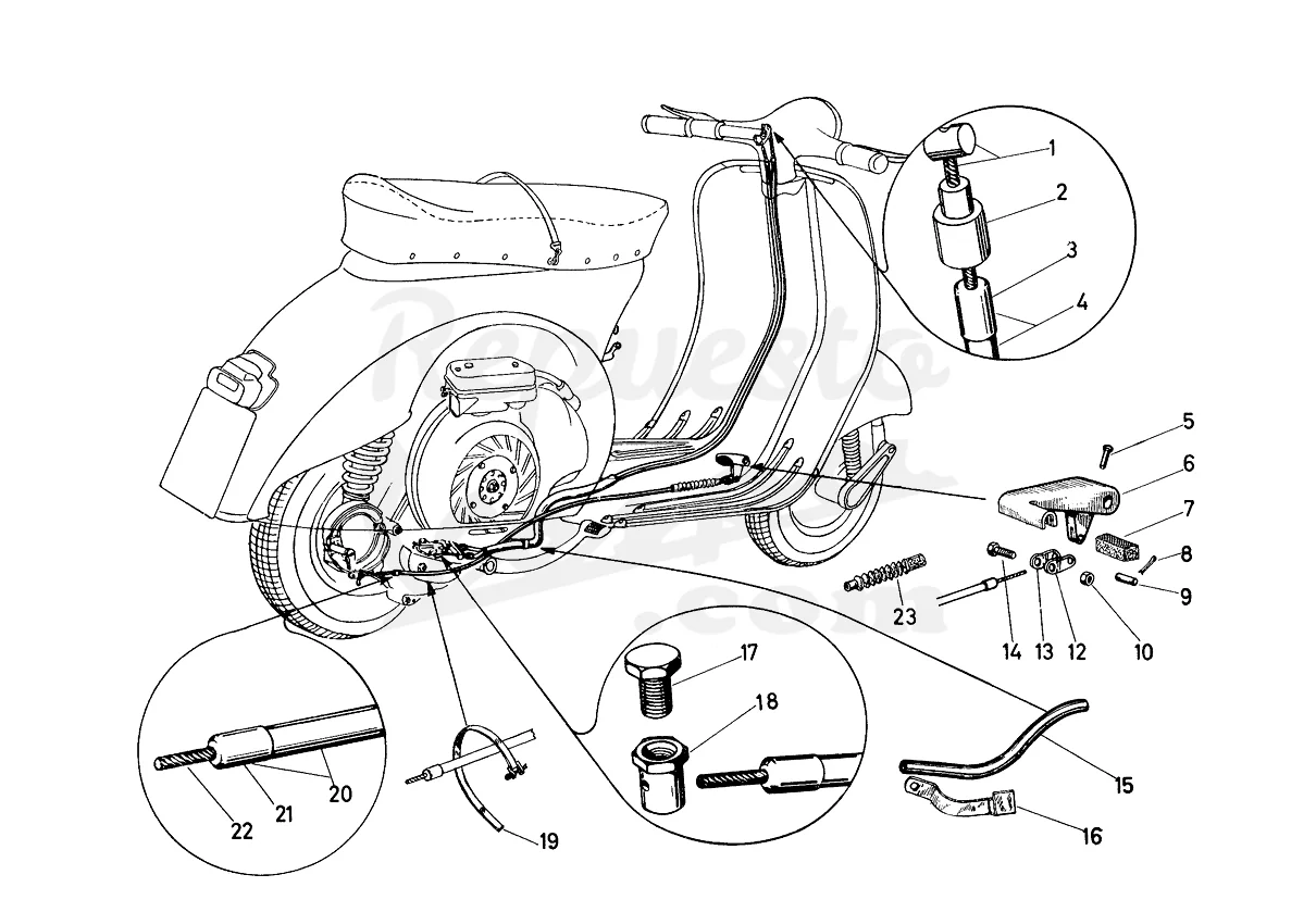 DESPIECE VESPA 125N 1958 CHASIS VT MOTOR V58M LÁMINA 15 - CABLES Y FUNDAS: CAMBIO - FRENO TRASERO - PEDAL FRENO TRASERO DESPIECE VESPA 125N 1958 CHASIS VT MOTOR V58M LÁMINA 15 - CABLES Y FUNDAS: CAMBIO - FRENO TRASERO - PEDAL FRENO TRASERO