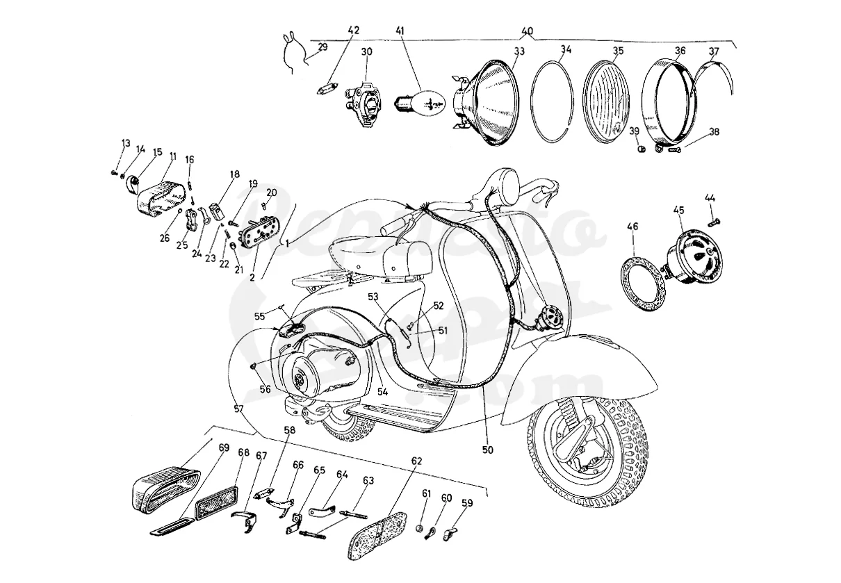 DESPIECE VESPA 125N 1958 CHASIS VT MOTOR V58M LÁMINA 17 - GRUPO ELÉCTRICO: INSTALACIÓN ELÉCTRICA - CLAXON - FARO - PILOTO TRASERO - CONMUTADOR LUCES DESPIECE VESPA 125N 1958 CHASIS VT MOTOR V58M LÁMINA 17 - GRUPO ELÉCTRICO: INSTALACIÓN ELÉCTRICA - CLAXON - FARO - PILOTO TRASERO - CONMUTADOR LUCES
