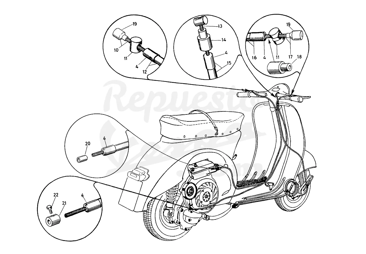 DESPIECE VESPA 125S 1958 CHASIS VTT MOTOR V58MS LÁMINA 16 - CABLES Y FUNDAS: EMBRAGUE - FRENO DELANTERO - ACELERADOR DESPIECE VESPA 125S 1958 CHASIS VTT MOTOR V58MS LÁMINA 16 - CABLES Y FUNDAS: EMBRAGUE - FRENO DELANTERO - ACELERADOR