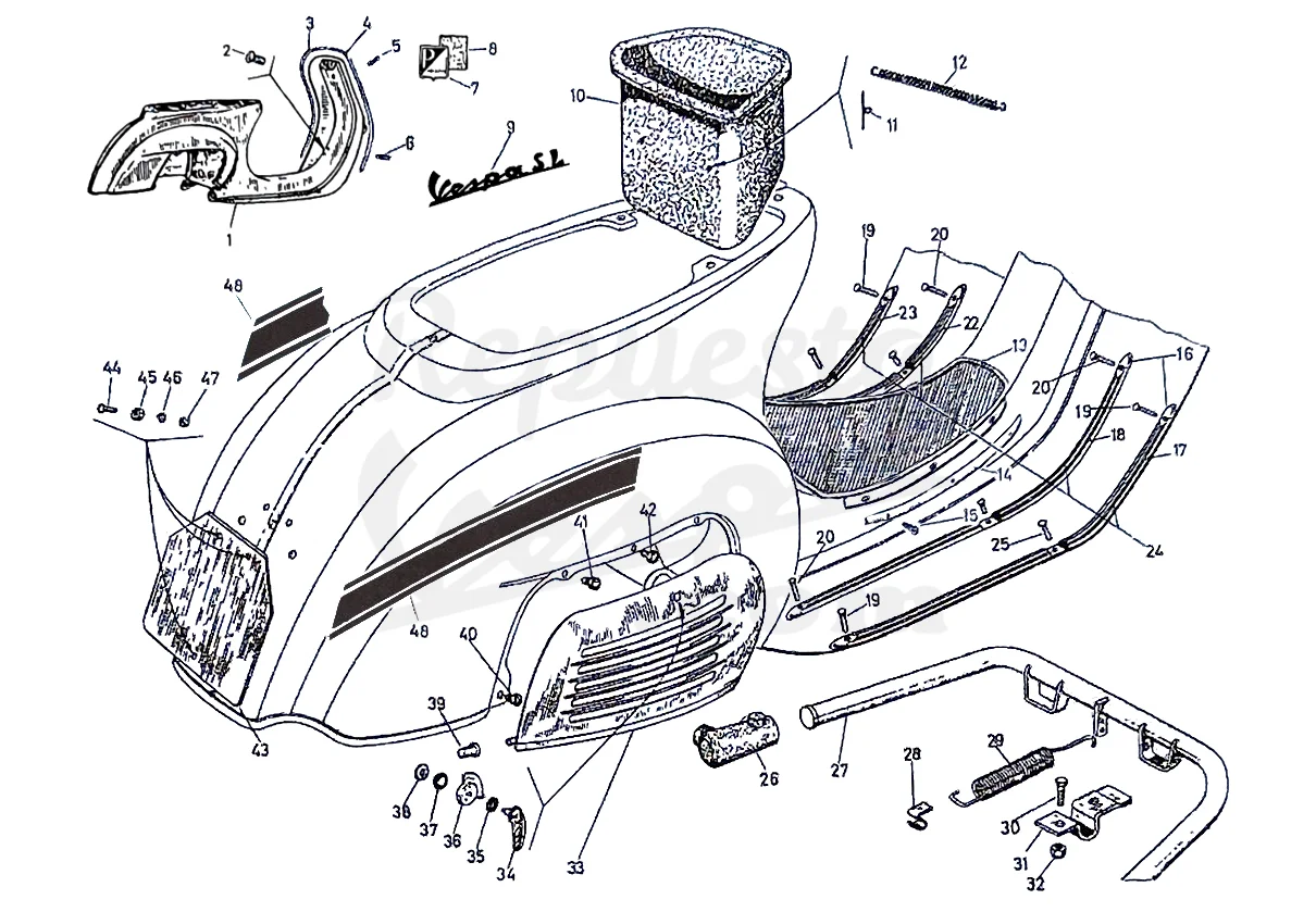 DESPIECE VESPA 125SL 1973 CHASIS SN9 MOTOR 9SN LÁMINA 7 - CHASIS - SUELO - CABALLETE Despiece Motor Iris 73M Lámina 1