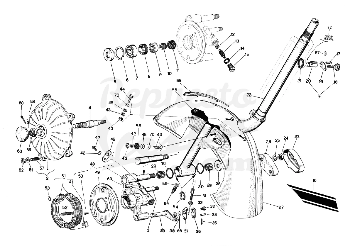 DESPIECE VESPA 125SL 1973 CHASIS SN9 MOTOR 9SN LÁMINA 8 - BLOQUEO – GUARDABARROS - BUJE Y FRENO DELANTERO Despiece Motor Iris 73M Lámina 1