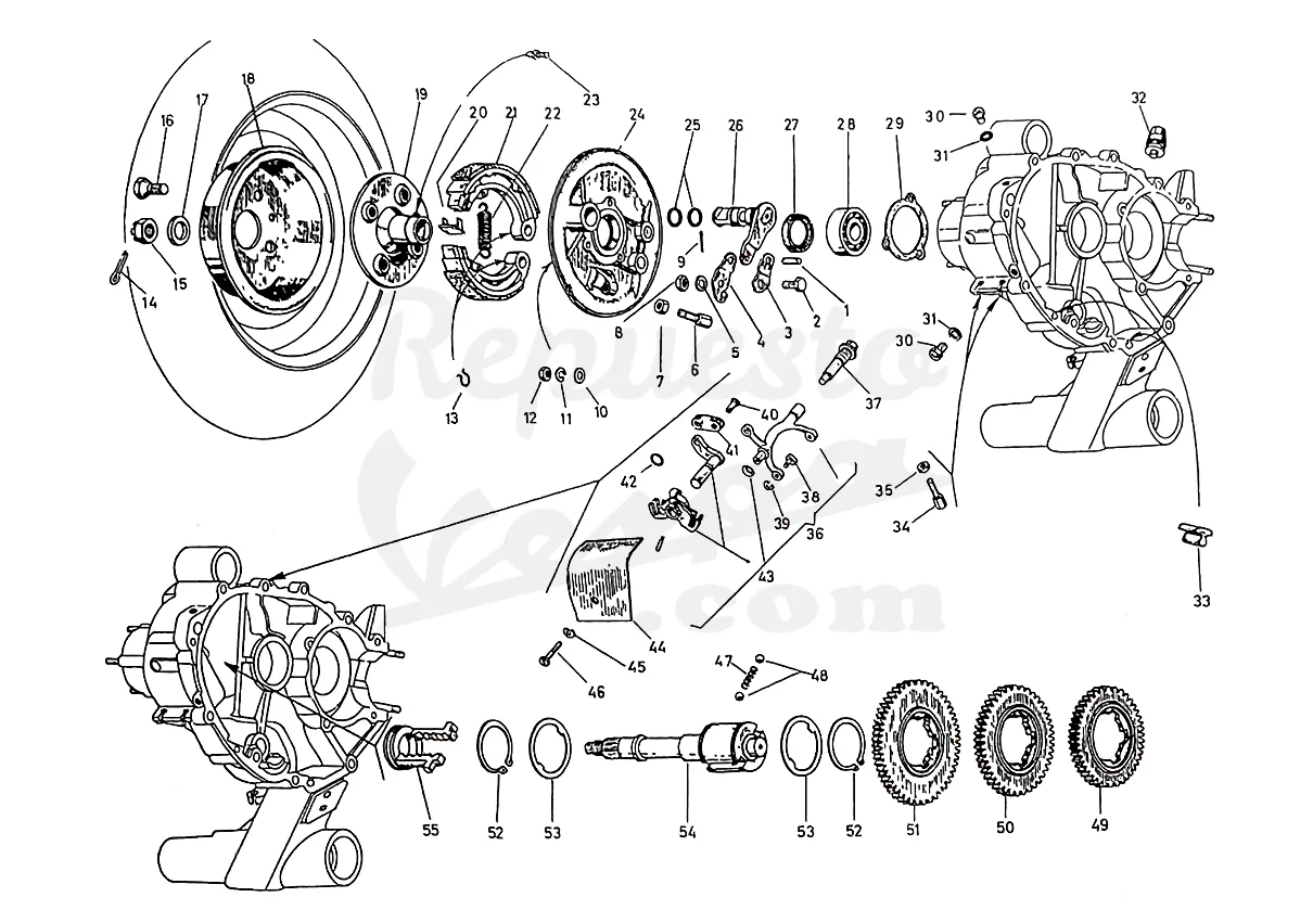 DESPIECE VESPA 50 3V 1965 CHASIS 06C MOTOR 06M LÁMINA 3 - FRENO TRASERO - SELECTOR CAMBIO - SECUNDARIO - TORNILLO RESPIRADERO Despiece Motor Iris 73M Lámina 1