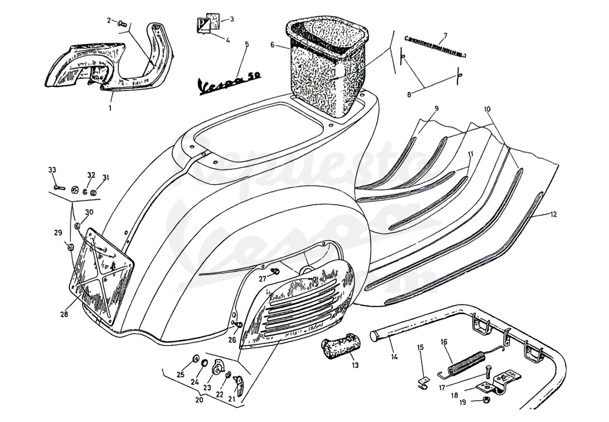 DESPIECE VESPA 50 3V 1965 CHASIS 06C MOTOR 06M LÁMINA 7 - CHASIS - SUELO - CABALLETE Despiece Motor Iris 73M Lámina 1