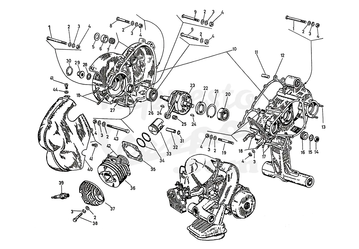 DESPIECE VESPA 50 4V 1965 CHASIS 07C MOTOR 07M LÁMINA 1 - CARTER - GRUPO MOTOR - CIGÜEÑAL Despiece Motor Iris 73M Lámina 1