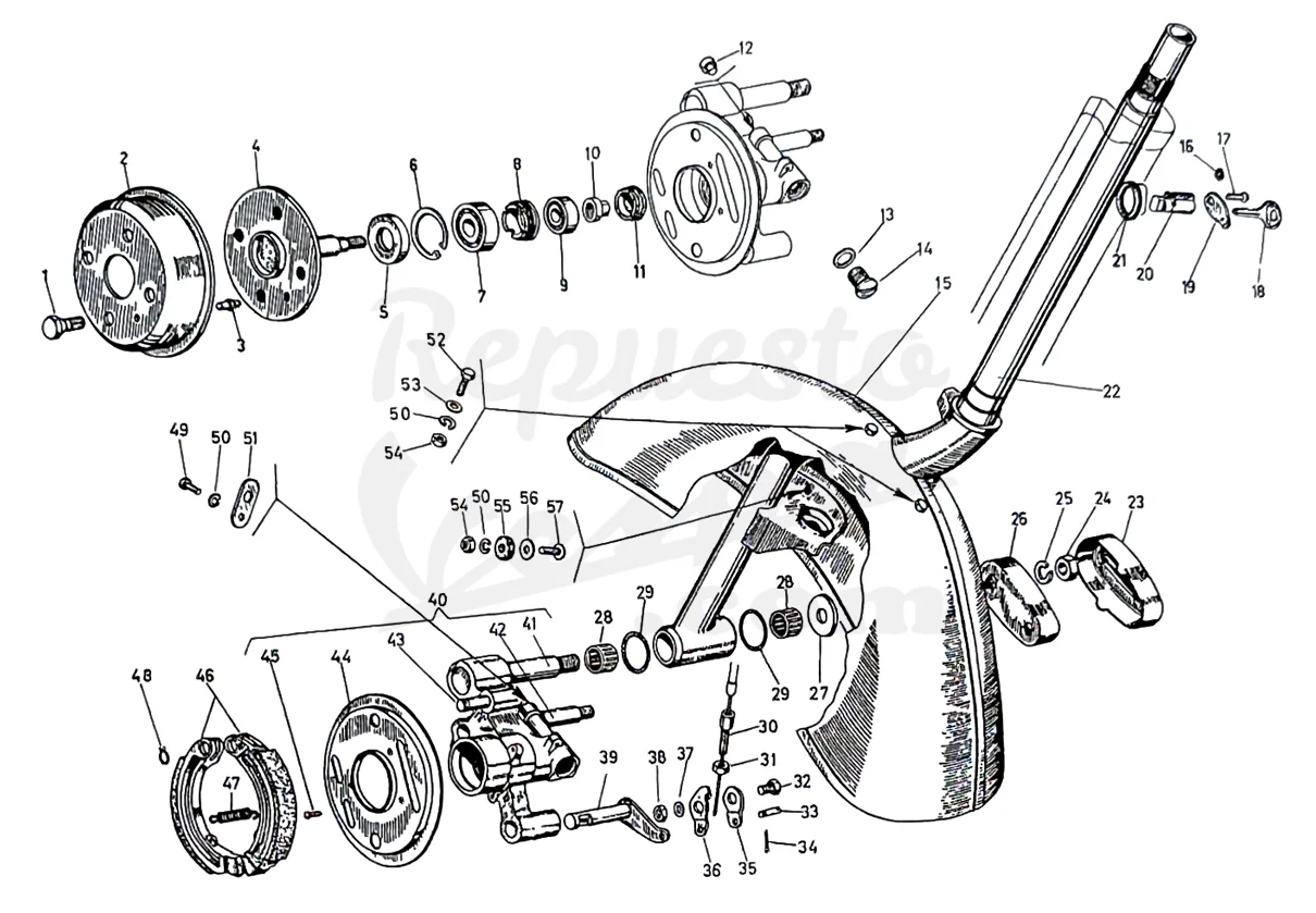 DESPIECE VESPA 50 4V 1965 CHASIS 07C MOTOR 07M LÁMINA 8 - BLOQUEO – GUARDABARROS - BUJE Y FRENO DELANTERO Despiece Motor Iris 73M Lámina 1