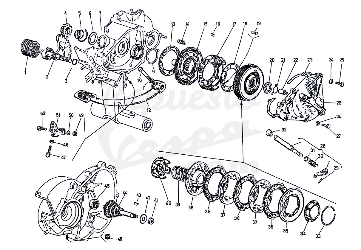 DESPIECE VESPA 75 1965 CHASIS 08C MOTOR 08M LÁMINA 2 - EMBRAGUE - PRIMARIO - ARRANQUE Despiece Motor Iris 73M Lámina 1