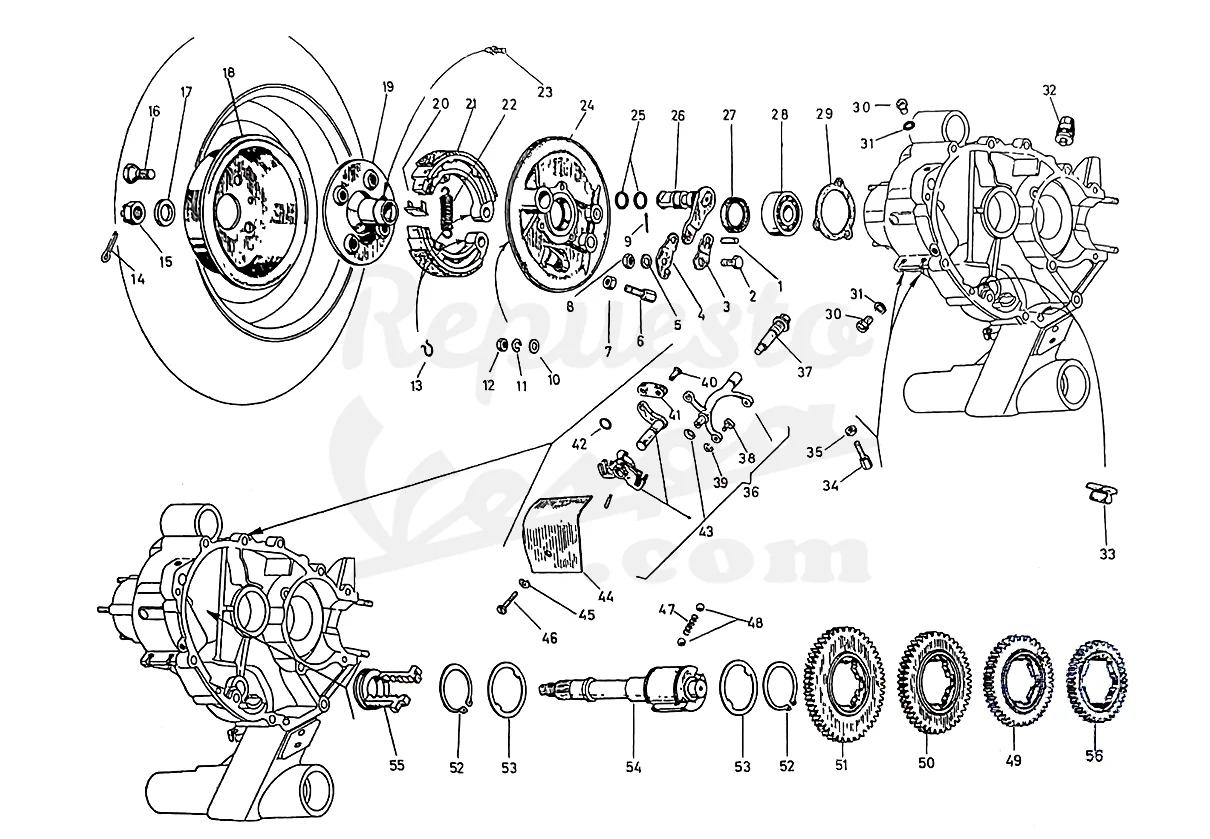 DESPIECE VESPA 75 1965 CHASIS 08C MOTOR 08M LÁMINA 3 - FRENO TRASERO - SELECTOR CAMBIO - SECUNDARIO - TORNILLO RESPIRADERO Despiece Motor Iris 73M Lámina 1