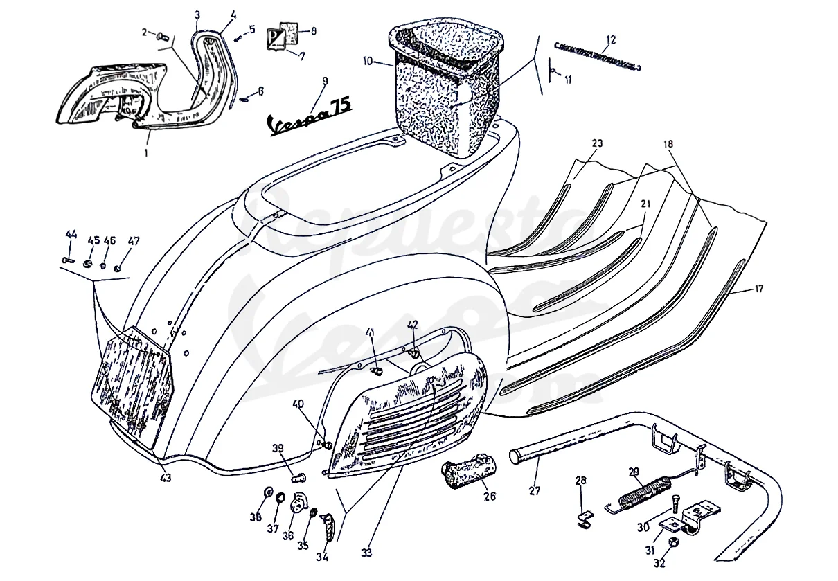 DESPIECE VESPA 75 1965 CHASIS 08C MOTOR 08M LÁMINA 7 - CHASIS - SUELO - CABALLETE Despiece Motor Iris 73M Lámina 1