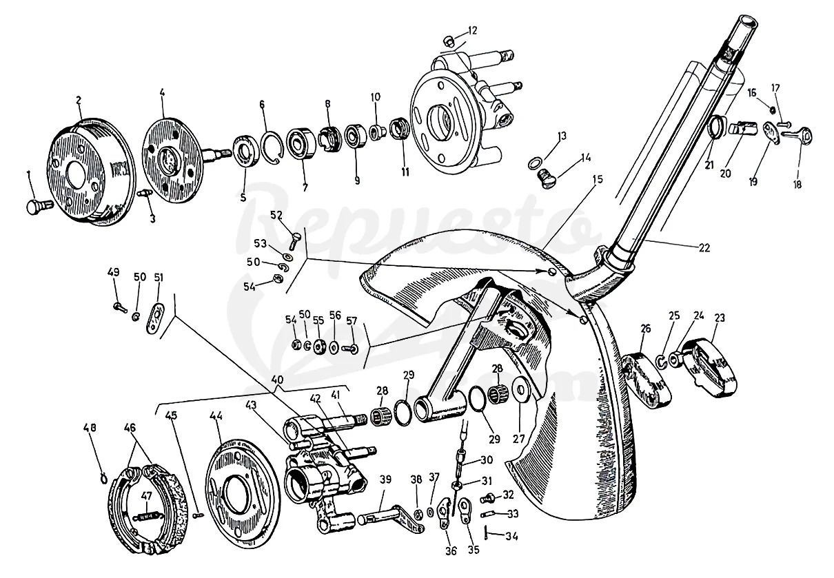 DESPIECE VESPA 75 1965 CHASIS 08C MOTOR 08M LÁMINA 8 - BLOQUEO – GUARDABARROS - BUJE Y FRENO DELANTERO Despiece Motor Iris 73M Lámina 1