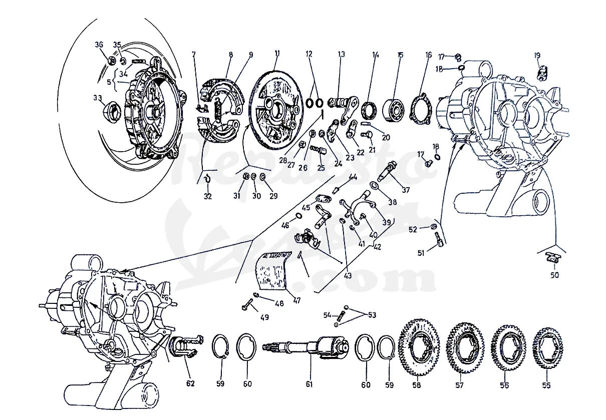 DESPIECE VESPA 75U2 1974 CHASIS 11C MOTOR 11M LÁMINA 3 - FRENO TRASERO - SELECTOR CAMBIO - SECUNDARIO - TORNILLO RESPIRADERO Despiece Motor Iris 73M Lámina 1