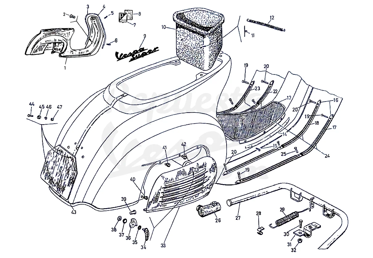 DESPIECE VESPA SUPER 1965 CHASIS 762C MOTOR 762M LÁMINA 7 - CHASIS - SUELO - CABALLETE Despiece Motor Iris 73M Lámina 1