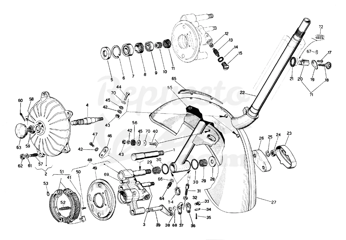 DESPIECE VESPA SUPER 1965 CHASIS 762C MOTOR 762M LÁMINA 8 - BLOQUEO – GUARDABARROS - BUJE Y FRENO DELANTERO Despiece Motor Iris 73M Lámina 1